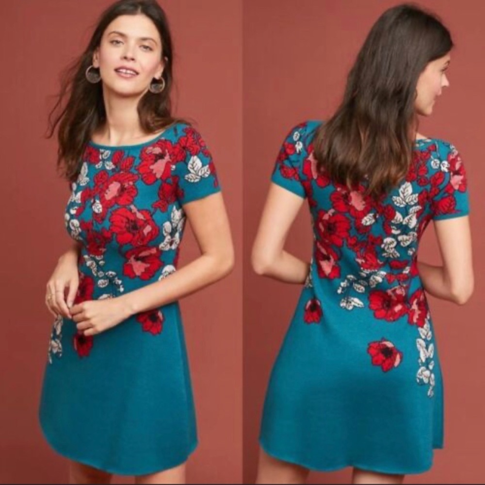 Anthropologie Maeve Allison Floral Teal and Res Floral Knit Sweater Dress, Large